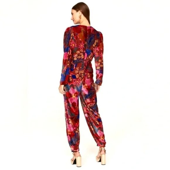 Farm Rio Red Wildlife Snake Garden Floral Velvet Jumpsuit Romper Vivid - Picture 2 of 15